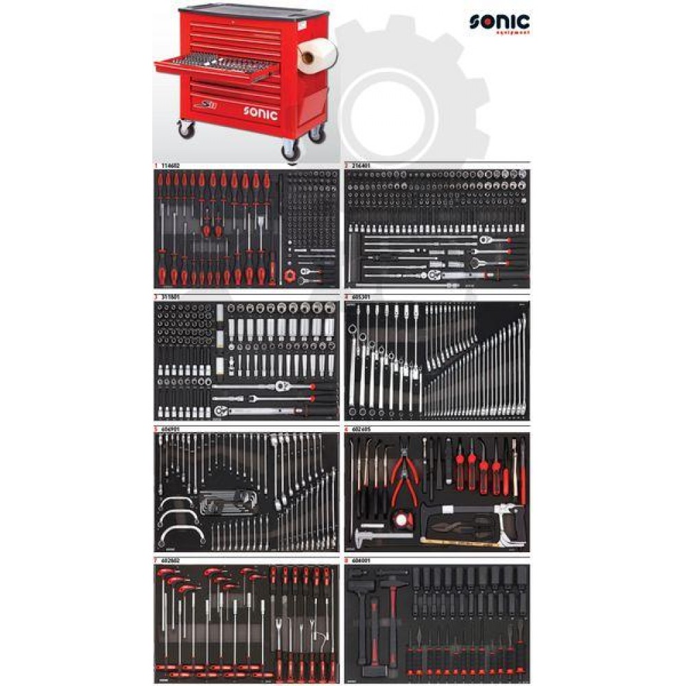 Wózek narzędziowy 8 szuflad z wyposażeniem 644 elementów SONIC EQUIPMENT