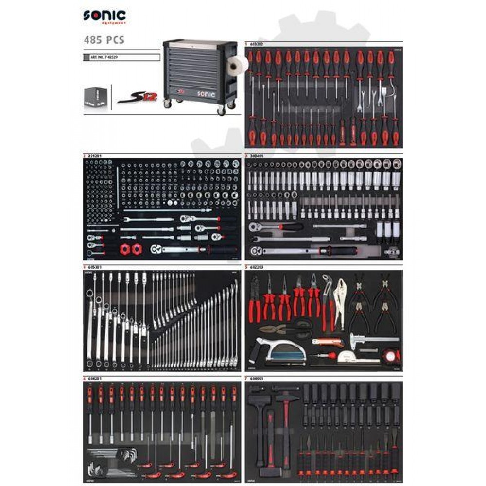 Wózek narzędziowy 8 szuflad z wyposażeniem 485 elementów SONIC EQUIPMENT